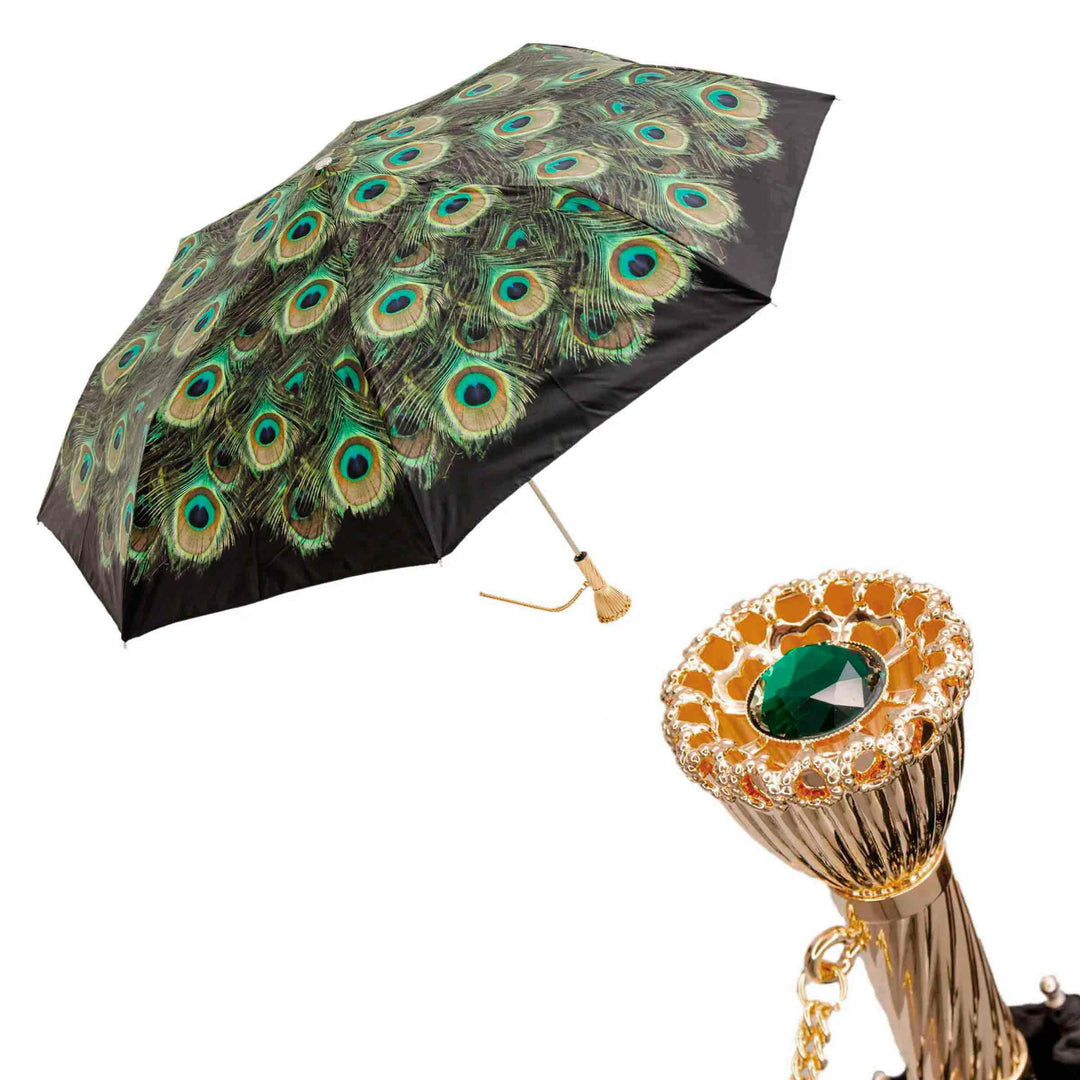 Folding Umbrella PEACOCK with Jewelled Brass Handle 01