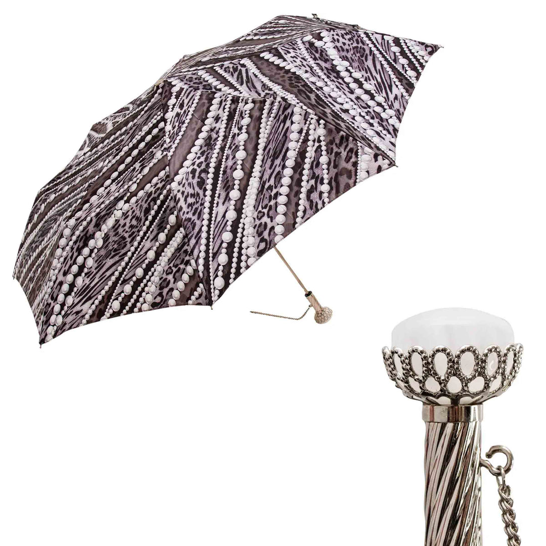 Folding Umbrella PEARLS PRINT with Jewelled Brass Handle 01