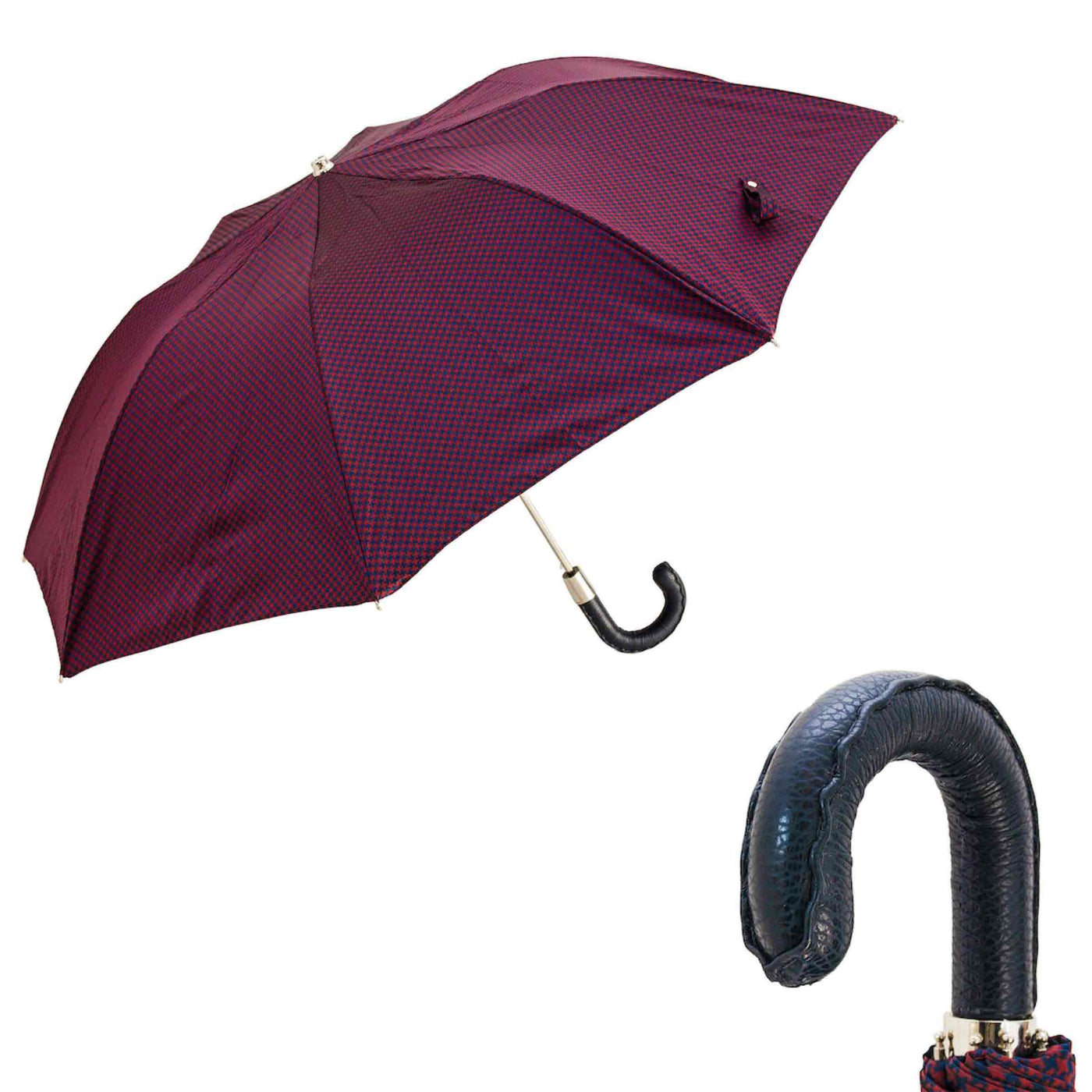 Folding Umbrella PIED DE POULE with Leather Handle 01