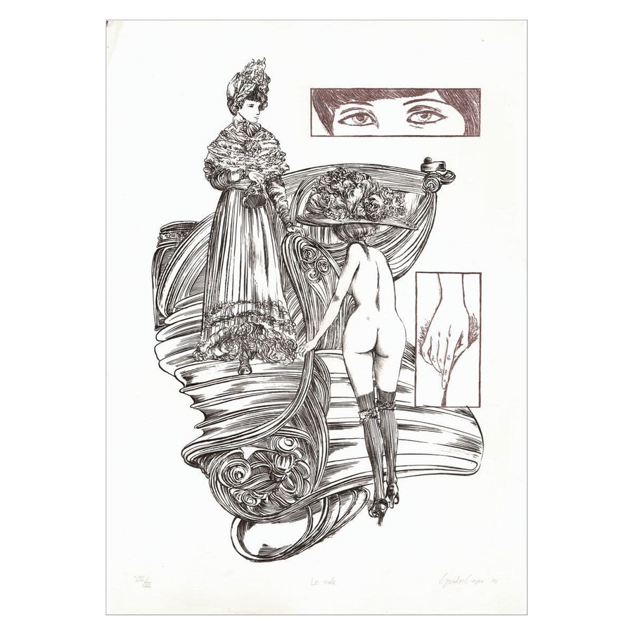 Guido Crepax original lithograph, The Staircase, 1978, from the Freud portfolio. Oniric architectural symbolism and psychological ascent, hand-signed limited edition.